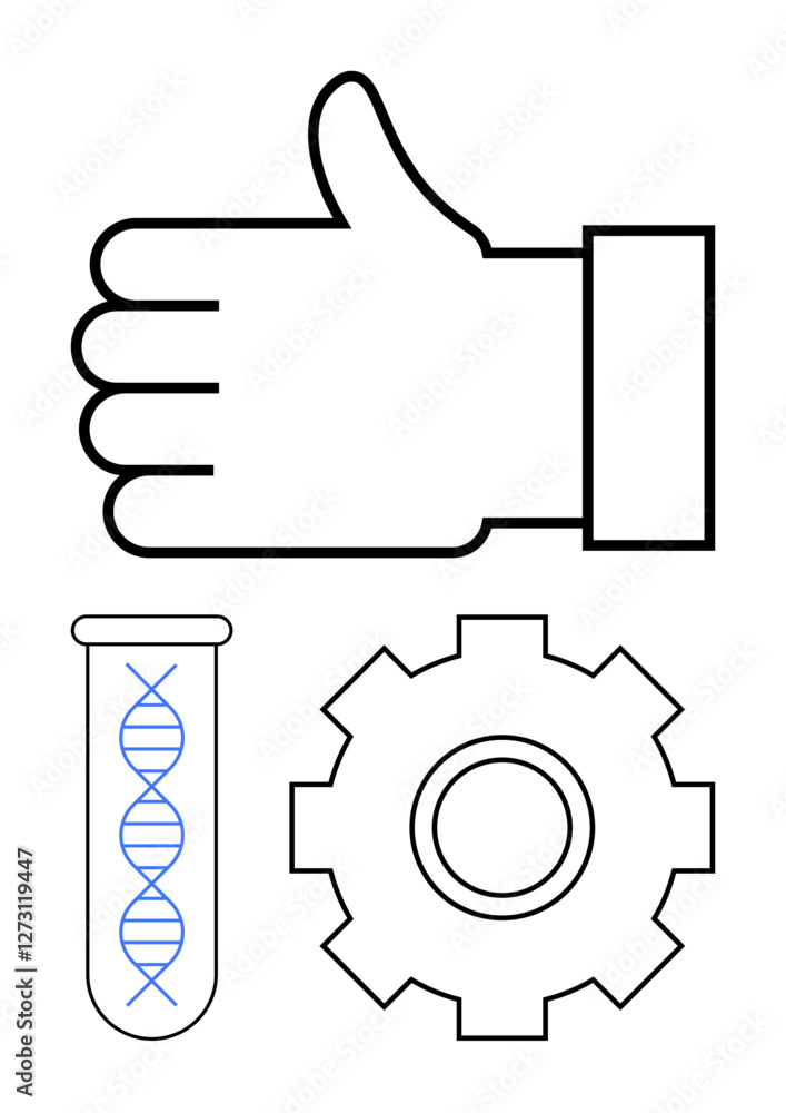 Thumbs-up symbol for approval, test tube with DNA helix for genetics, and a gear for technology. Ideal for biotechnology, innovation, teamwork, research, science, development and success in abstract Thumbs-up symbol for approval, test tube with DNA helix for genetics, and a gear for technology. Ideal for biotechnology, innovation, teamwork, research, science, development and success in abstract