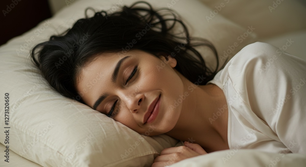 A young woman enjoys a restful sleep on a comfortable pillow, relaxed in her serene bedroom A young woman enjoys a restful sleep on a comfortable pillow, relaxed in her serene bedroom