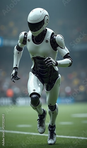 A futuristic robot athlete sprinting on a sports field, showcasing advanced technology in robotics and artificial intelligence for modern athletic competitions.