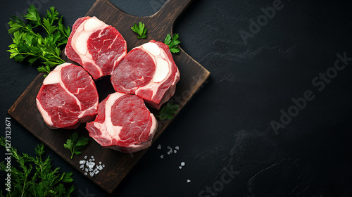 A top-down view of fresh, raw ossobuco beef shanks with rich marbling, beautifully arranged on a dark wooden board. The bone marrow at the center glistens under soft lighting, surr photo