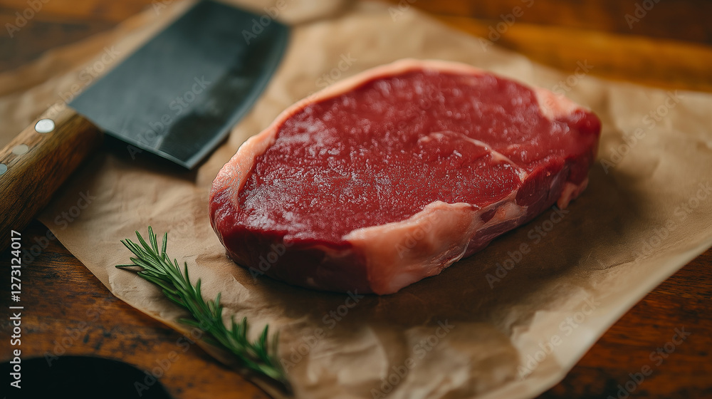 Ossobuco beef meat resting on butcherâs paper, slightly wet from its freshness. The composition is enhanced by a rustic cleaver lying beside it, evoking a traditional meat preparat Ossobuco beef meat resting on butcherâs paper, slightly wet from its freshness. The composition is enhanced by a rustic cleaver lying beside it, evoking a traditional meat preparat