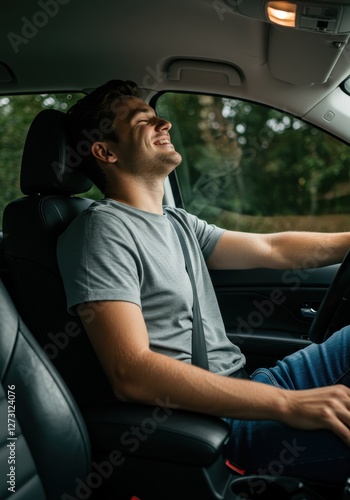 A man is driving a car and smiling, surrounded by lush green trees and a peaceful atmosphere