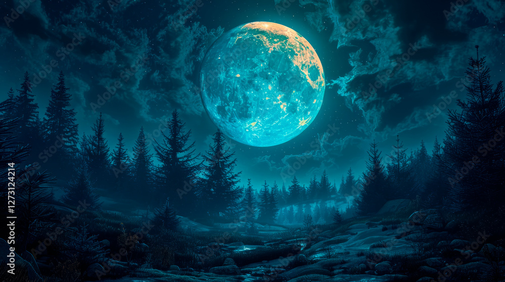 Fototapeta premium A surreal night landscape with a giant glowing blue moon illuminating a dense forest of evergreen trees under a starry sky.
