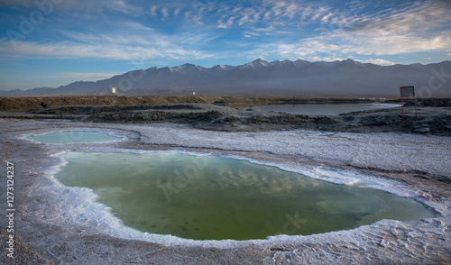 Beautiful Salt Lakes and Snow Mountains in the Plateau Mountains of Qinghai Province, China on September 12, 2024 photo