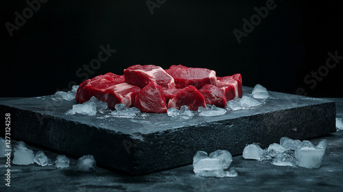 A butcherâs selection of ossobuco beef pieces, placed on a rough, black stone slab with scattered ice chips keeping them fresh. The dramatic lighting highlights the contrast betwee photo