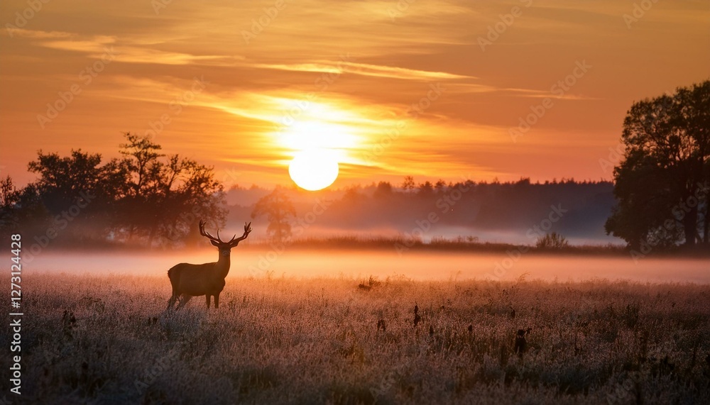 Naklejka premium Sunrise over misty fields with a deer