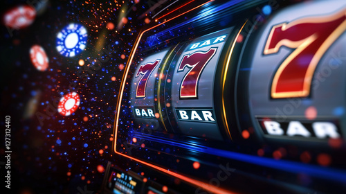 A dynamic, glowing slot machine screen, with large golden 777 symbols, sparkles, and shimmering casino bar icons. The background pulses with neon blues, reds, and purples, capturin photo