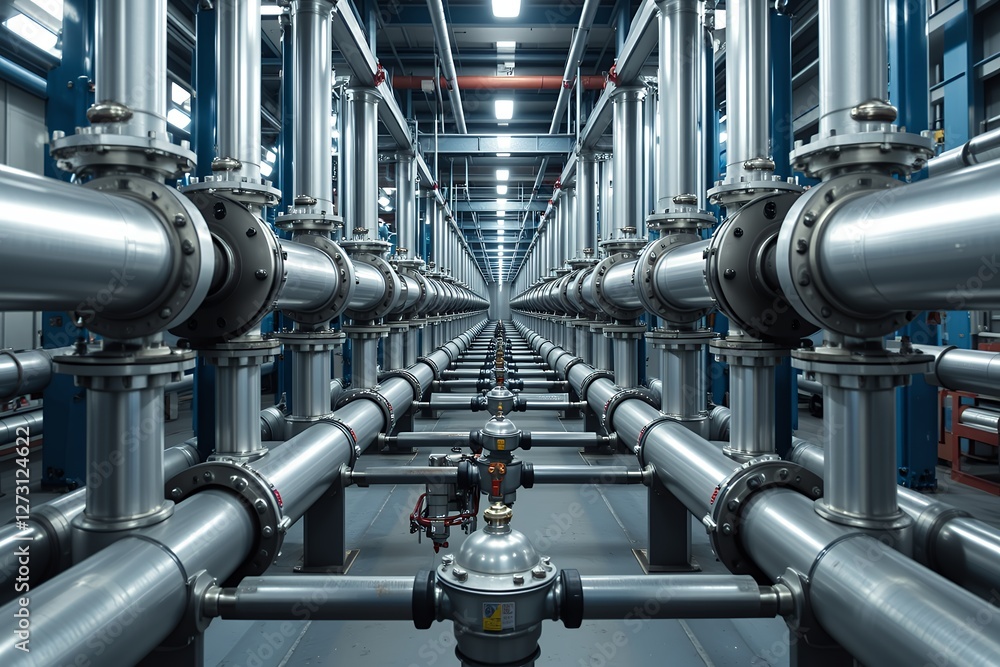 Industrial Piping System Rows of Metal Pipes and Valves in a Modern Facility Industrial Piping System Rows of Metal Pipes and Valves in a Modern Facility