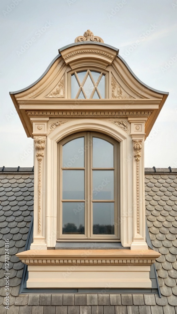 Obraz premium Detailed Beige Dormer Window with Arched Top on Slate Roof