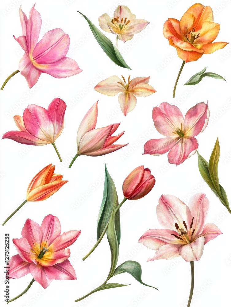 spring flowers tulips isolated on white background. floral collection. Set. spring flowers tulips isolated on white background. floral collection. Set.