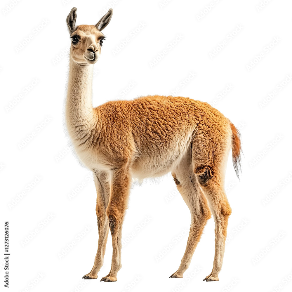 Fototapeta premium Angled view full body shot of extremely perfect looking single Vicuña animal isolated on a white background with sharp focus and well lit