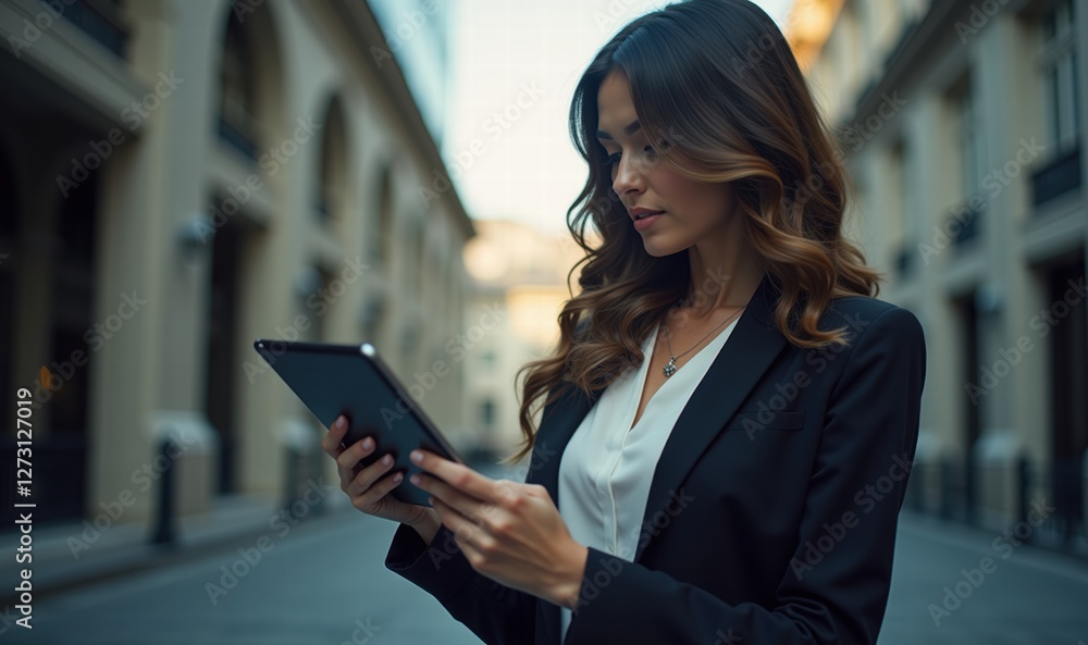 A professional woman using a tablet in an urban setting, showcasing modern business practices and technology integration in everyday life. A professional woman using a tablet in an urban setting, showcasing modern business practices and technology integration in everyday life.