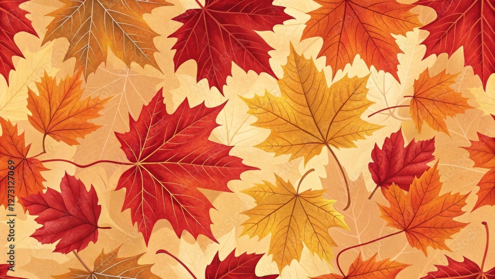 Fototapeta premium Falling Autumn Maple Leaves Seamless Pattern, Digital Illustration, Warm Colors, Nature, Fall Autumn leaves, Fall foliage