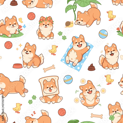 Kawaii shiba inu seamless pattern. Funny puppies, little dogs, cute pets, japaneses breed, repeated kids mascot. Decor textile, wrapping, wallpaper. Print for fabric, tidy vector background