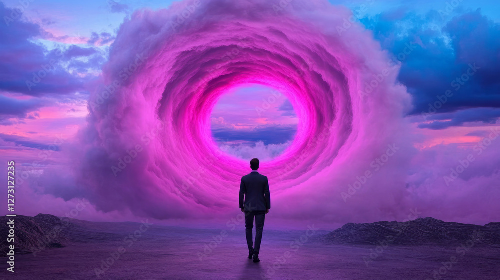 Fototapeta premium A cinematic angle with the man standing firmly, the background a swirling pastel sky, tying