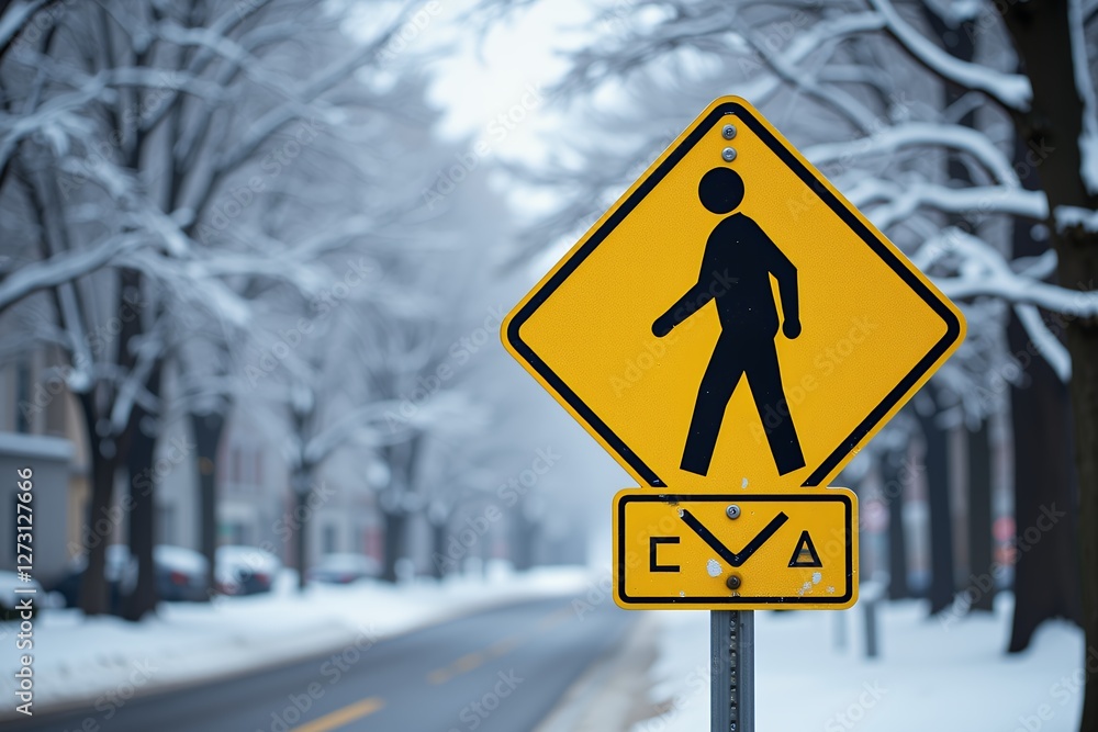 Pedestrian Crossing Sign in Snowy Winter Street Scene Pedestrian Safety Winter Road Pedestrian Crossing Sign in Snowy Winter Street Scene Pedestrian Safety Winter Road