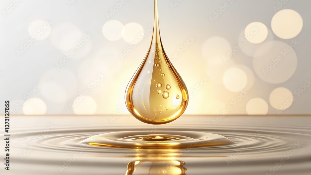 Golden Oil Drop 3D Render, Liquid, Bokeh Background, Texture, Beauty oil, skincare Golden Oil Drop 3D Render, Liquid, Bokeh Background, Texture, Beauty oil, skincare