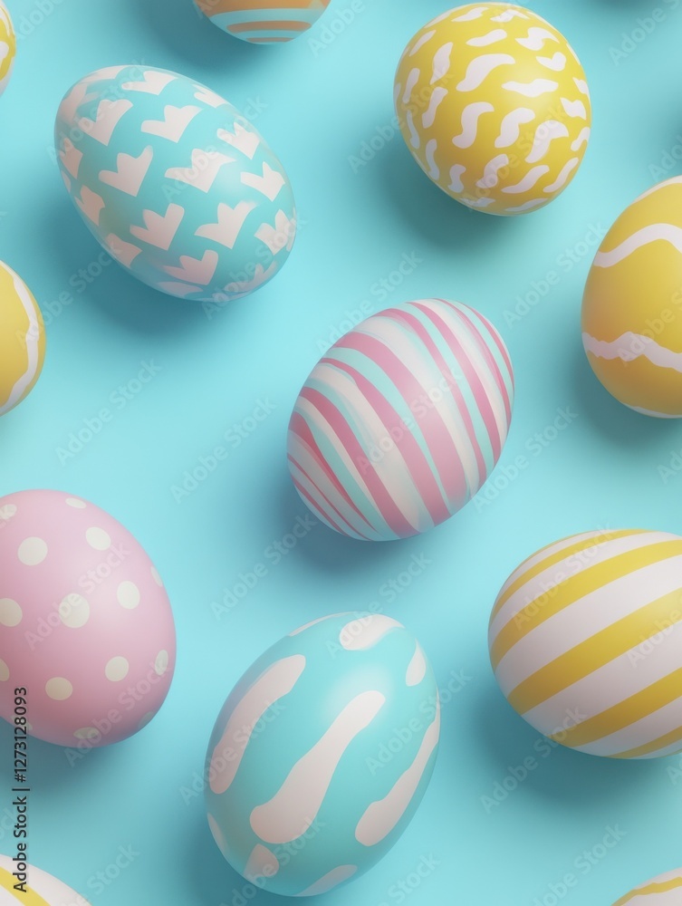 3D Illustration. Easter eggs with different patterns on pastel color isolated background. Happy Easter concept. 3D Illustration. Easter eggs with different patterns on pastel color isolated background. Happy Easter concept.