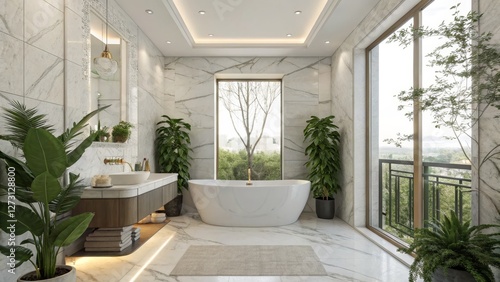 Luxurious Marble Bathroom Design Freestanding Tub  Greenery  Natural Light  Composition  Rendering  3D Model  Interior Design