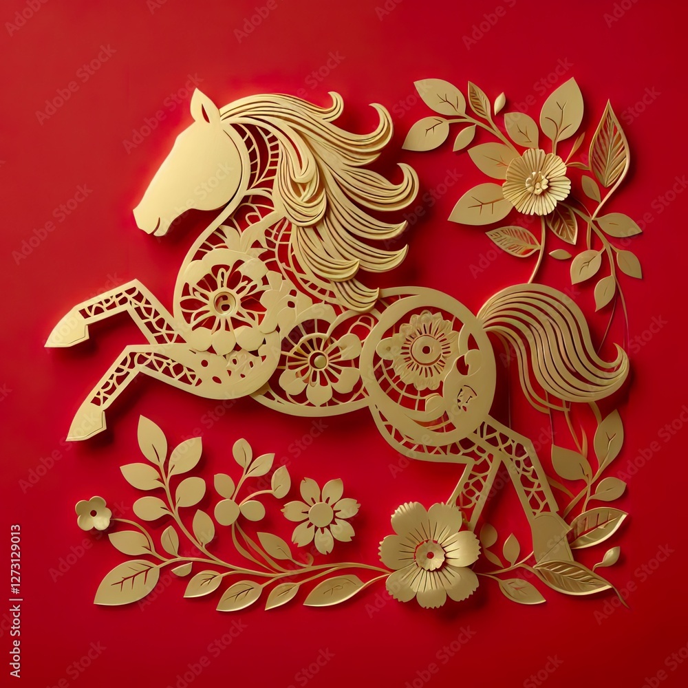 Φωτογραφία gold paper cut floral horse to celebrate Chinese New Year done on a red paper ba