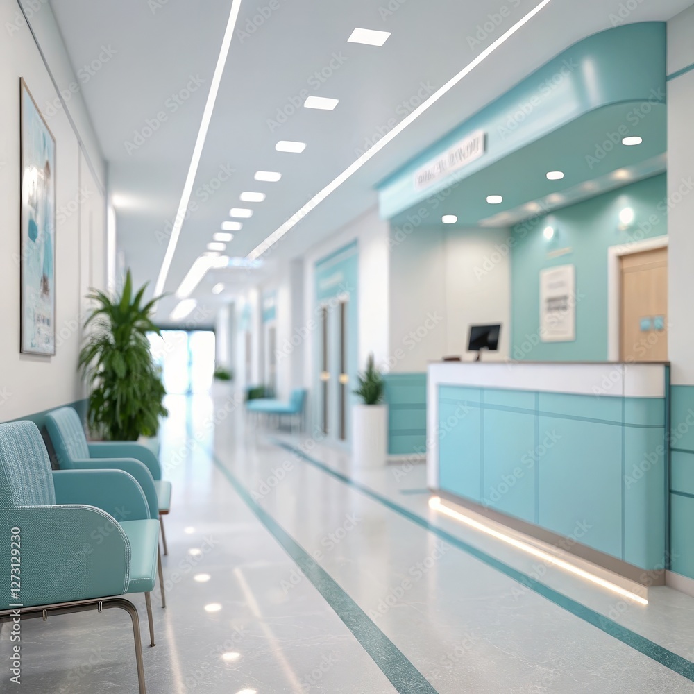 Modern Hospital Corridor Design 3D Render, Teal Reception Desk, Waiting Area, Clean Aesthetic, Interior Architecture Hospital Design, 3D Rendering Modern Hospital Corridor Design 3D Render, Teal Reception Desk, Waiting Area, Clean Aesthetic, Interior Architecture Hospital Design, 3D Rendering