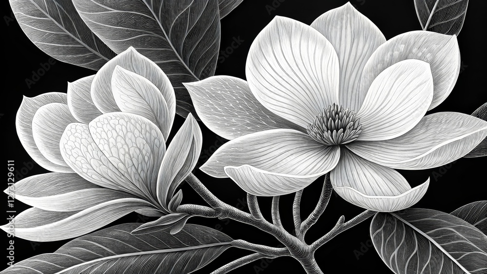 Monochrome Magnolia Bloom Detailed Line Art Botanical Illustration, Black Background, Floral Design Magnolia, Botanical Illustration, Line Art Monochrome Magnolia Bloom Detailed Line Art Botanical Illustration, Black Background, Floral Design Magnolia, Botanical Illustration, Line Art