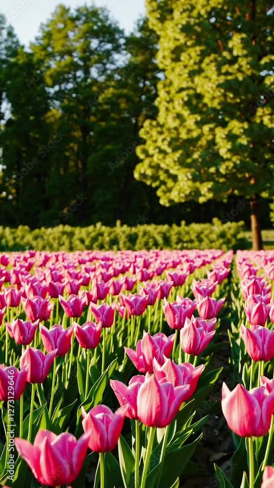 Blooming pink tulip field under sunny skies with lush green forest in background Blooming pink tulip field under sunny skies with lush green forest in background