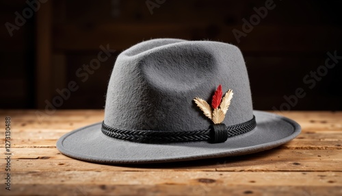 Classic gray Bavarian hat with feather on wooden surface photo