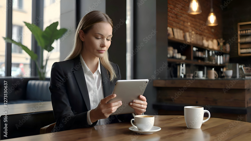 business woman with laptop, A focused woman in business attire sitting at a café table, using a tablet to work while enjoying a cup of coffee in a modern, stylish setting business woman with laptop, A focused woman in business attire sitting at a café table, using a tablet to work while enjoying a cup of coffee in a modern, stylish setting