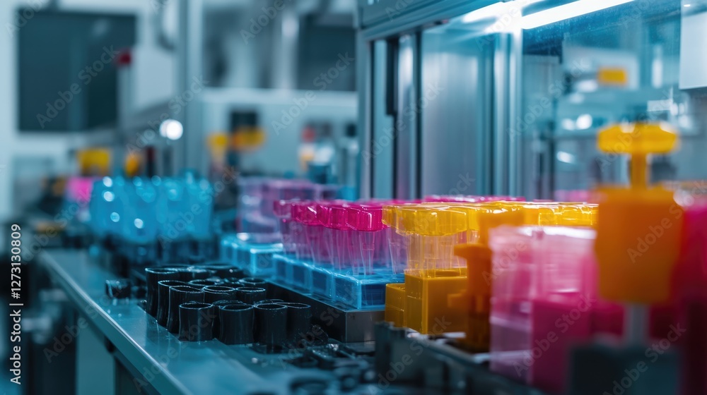 Fototapeta premium Colorful Liquid-Filled Tubes in a Modern Lab Setting