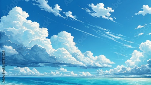 Seascape Digital Painting Cumulus Clouds over Turquoise Ocean, Blue Sky, Landscape Art,Summer, Cloudscape Summer, Seascape