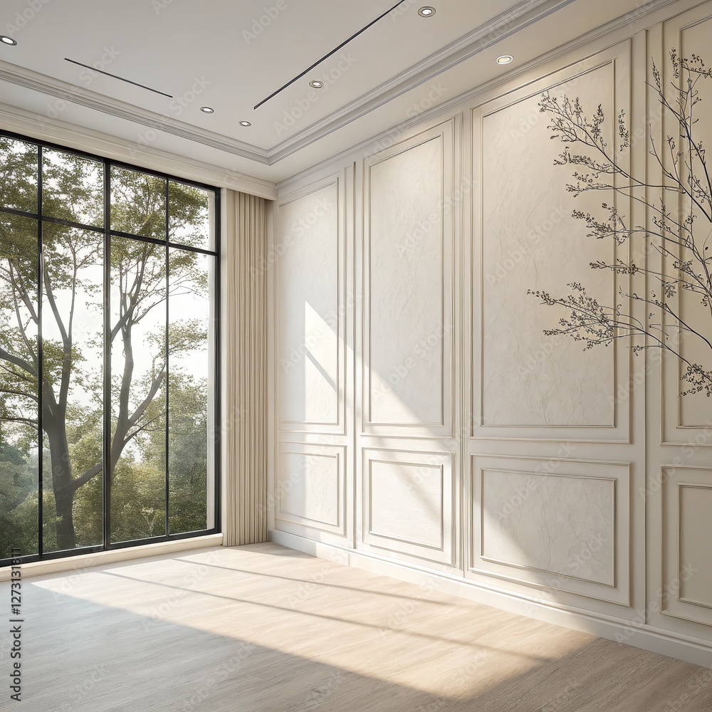 Fototapeta premium Sunlit Room with Panelled Walls and Tree View, Interior Design, 3D Render,Room Design Interior Design, 3D Rendering