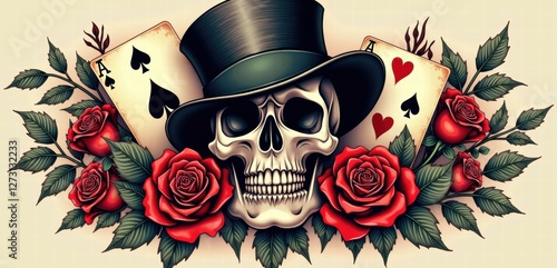 A striking illustration featuring a skull in a top hat surrounded by poker cards and roses, perfect for themes of gambling, tattoos, or vintage design.