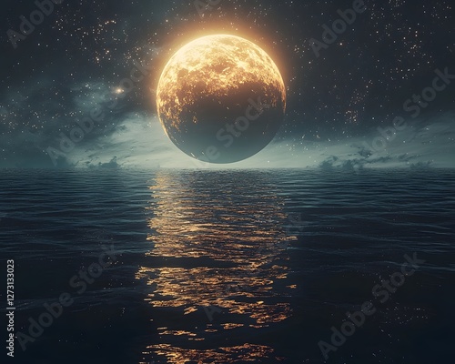 Dreamlike Cosmic Earth Floating Above Reflective Ocean Under Starry Night Sky