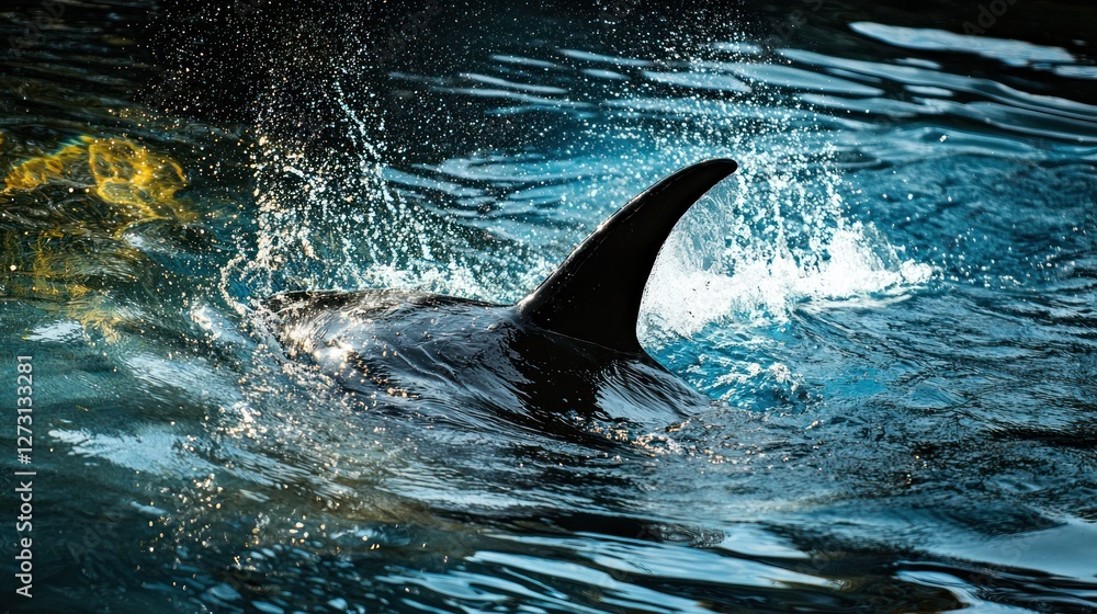 Fototapeta premium A close-up of an orcaâ€™s dorsal fin cutting through the water