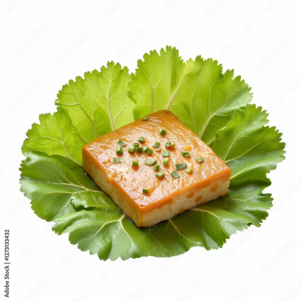 Tofu Garnished with Herbs on Green Leafy Vegetable Cuisine Presentation Food Dish Still Life Tofu Garnished with Herbs on Green Leafy Vegetable Cuisine Presentation Food Dish Still Life