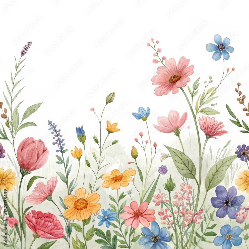 Fototapeta premium Watercolor Wildflower Meadow Border Floral Composition, Botanical Illustration, Spring Concept, Flowers, Watercolor Painting Wildflowers, Botanical art