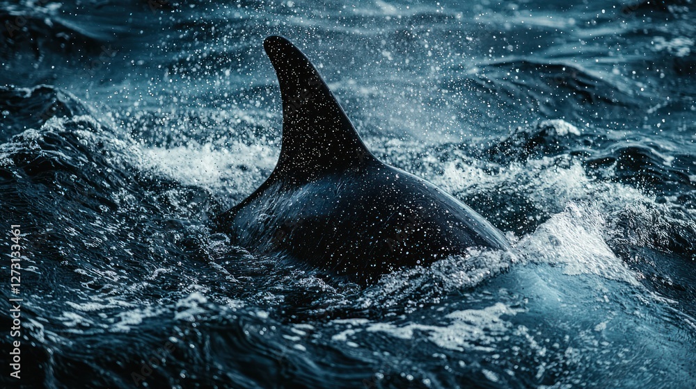 Fototapeta premium A close-up of an orcaâ€™s dorsal fin cutting through the water