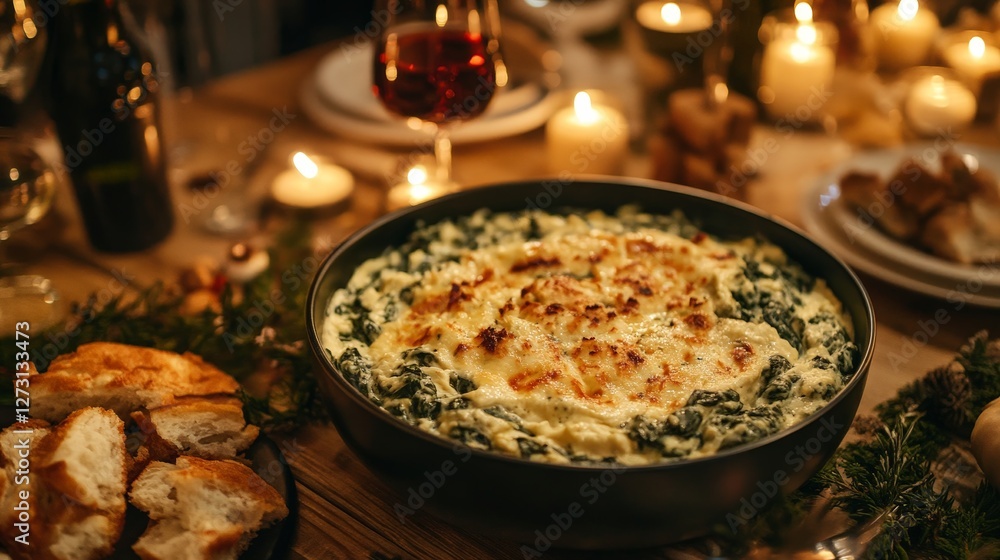 A festive table setting featuring a creamy spinach dish, bread, and candles for a gathering. A festive table setting featuring a creamy spinach dish, bread, and candles for a gathering.