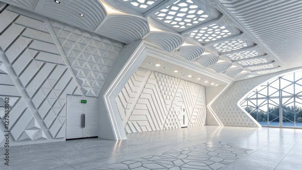 Obraz premium White Geometric Hallway 3D Render, Architectural Design, Modern Interior, Abstract Walls, Ceiling Details Architectural visualization, Interior design