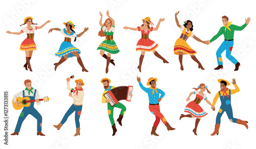 Festa junina participants. People at harvest festival, traditional clothes men, women dancing and singing, folklore holiday, happy folk characters, cartoon flat isolated tidy vector set