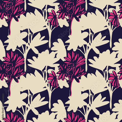 Abstract botanical pattern. Vector seamless ornament with flowers and leaves on dark purple background. Trendy design in retro style.