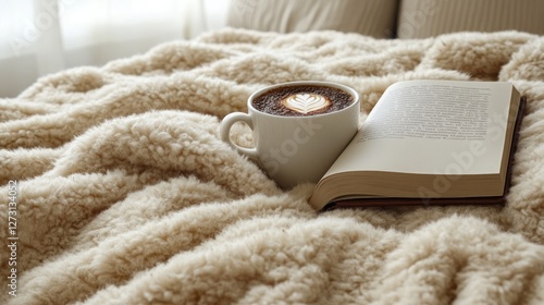 Wallpaper Mural Cozy morning scene with coffee and an open book on a soft blanket Torontodigital.ca