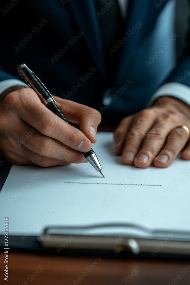 Detail-oriented shot of a banker’s hands signing an official document on a tidy desk, Detail-oriented shot of a banker’s hands signing an official document on a tidy desk,