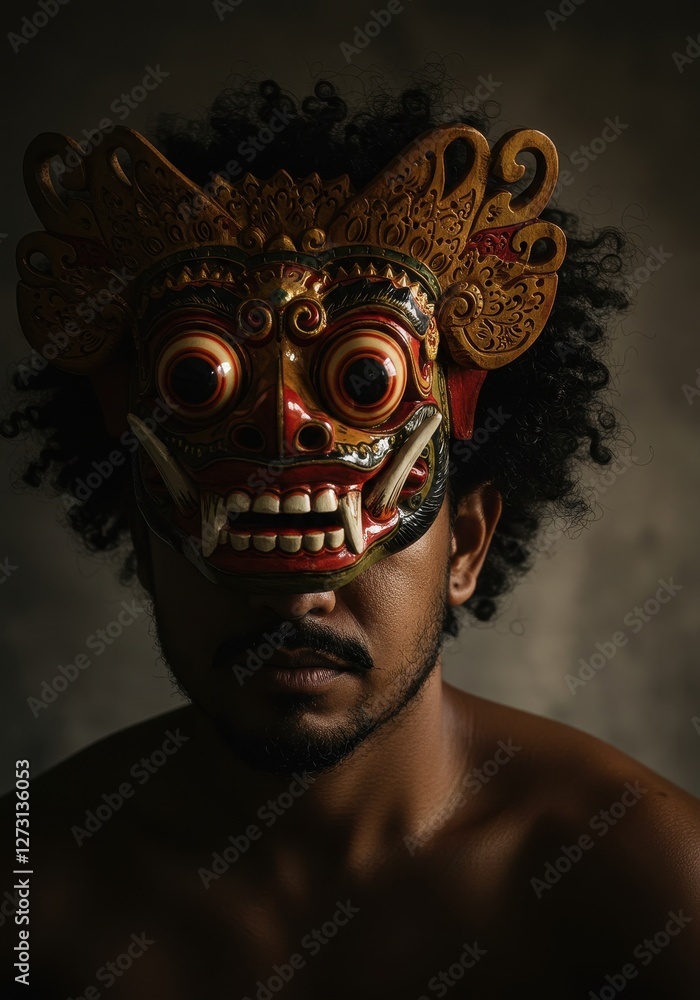 A man wears a vibrant traditional mask, showcasing cultural heritage and artistic expression A man wears a vibrant traditional mask, showcasing cultural heritage and artistic expression