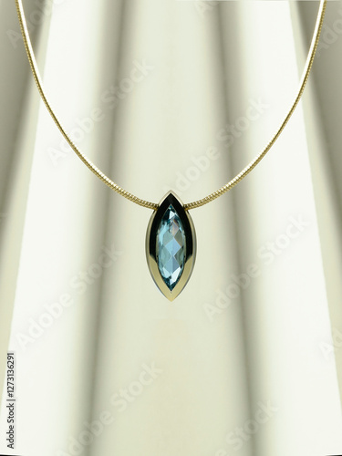 A luxurious close-up photograph of a gold necklace with a stunning blue gemstone, elegantly displayed against a soft, light-colored background.  photo