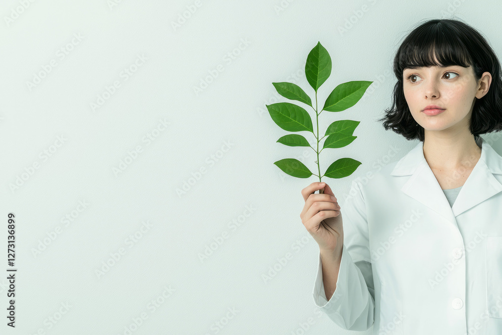 Minimalistic shot of a botanist wearing a lab coat, gently examining a plant leaf against a clean Minimalistic shot of a botanist wearing a lab coat, gently examining a plant leaf against a clean