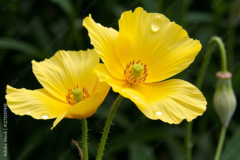 Two Vibrant Yellow Poppies with Dew Drops Close Up Floral Photography Two Vibrant Yellow Poppies with Dew Drops Close Up Floral Photography