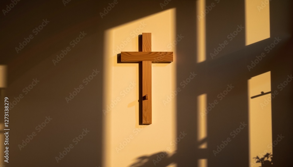 Naklejka premium Wooden cross casting shadows on wall, symbolizing depth and faith
