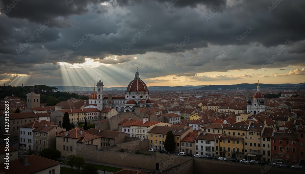 Fototapeta premium Ominous storm clouds over ancient cityscape, reflective mood